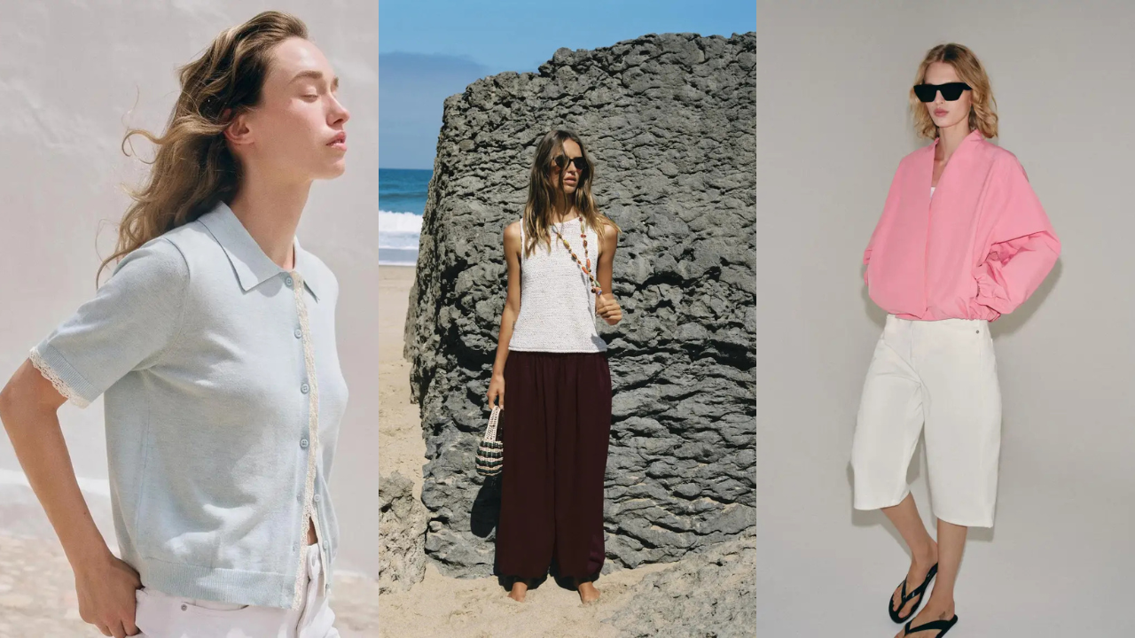 Três mulheres exibindo roupas de verão. A primeira, loira, usa um cardigã azul claro com detalhes de renda. A segunda, morena de óculos escuros, veste regata branca, calça marrom e colar de contas, em uma praia rochosa. A terceira, loira de óculos escuros, usa jaqueta rosa e bermuda branca com chinelos