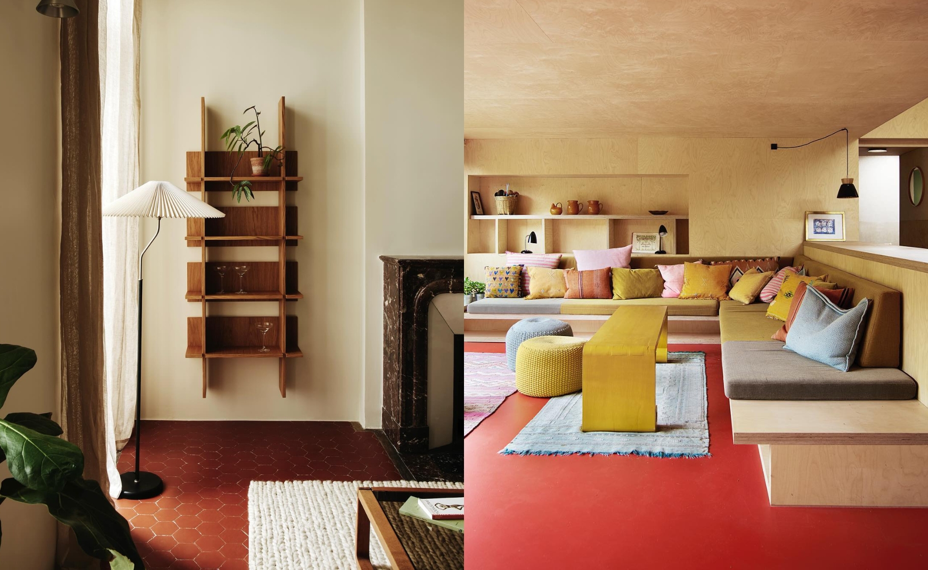 Ambientes internos divididos: à esquerda, estante de madeira com plantas e taças, luminária de chão plissada, piso de ladrilhos hexagonais vermelhos e cortina bege. À direita, sala com sofá em L de madeira clara e almofadas coloridas, pufes, mesa de centro amarela e piso vermelho liso