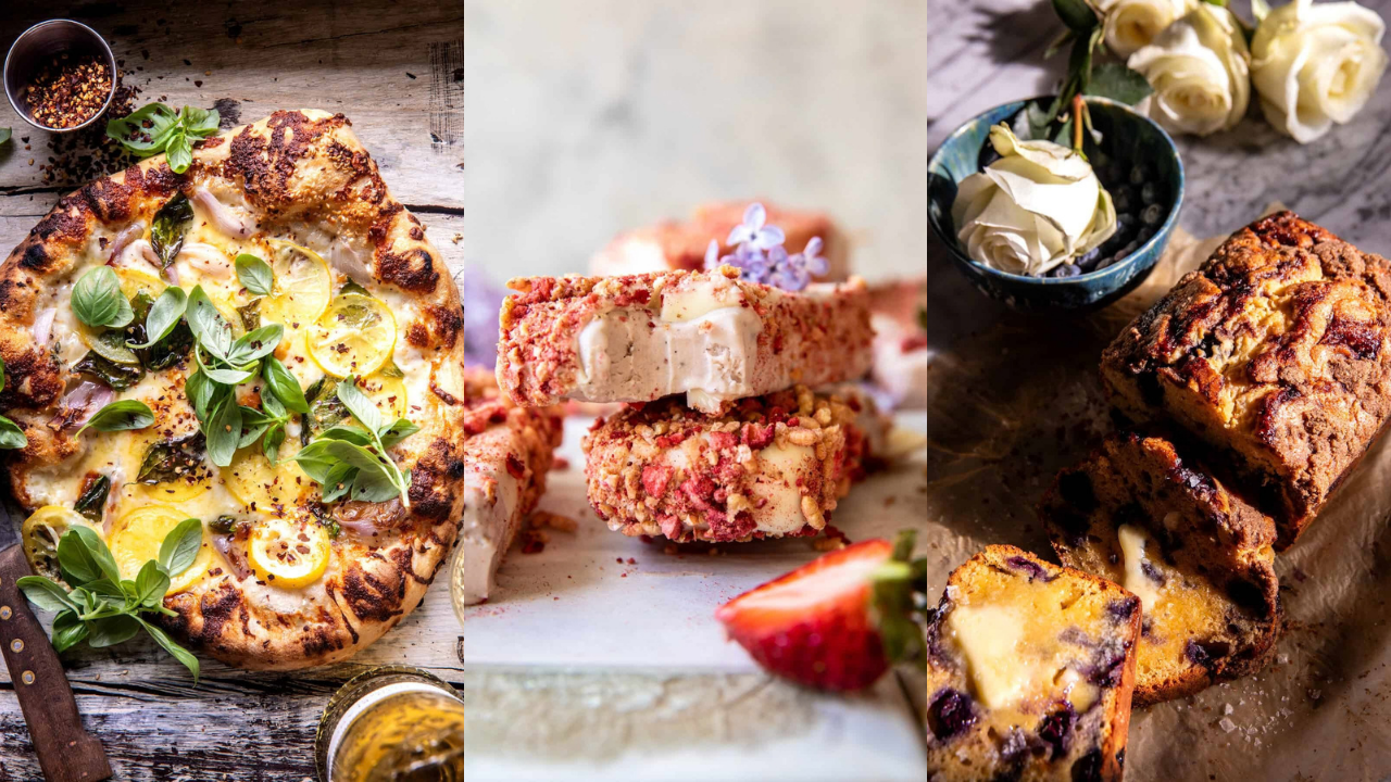 Três imagens verticais: uma pizza com limão e manjericão, fatias de sorvete com cobertura de morango e um bolo de mirtilo com fatias e rosas brancas