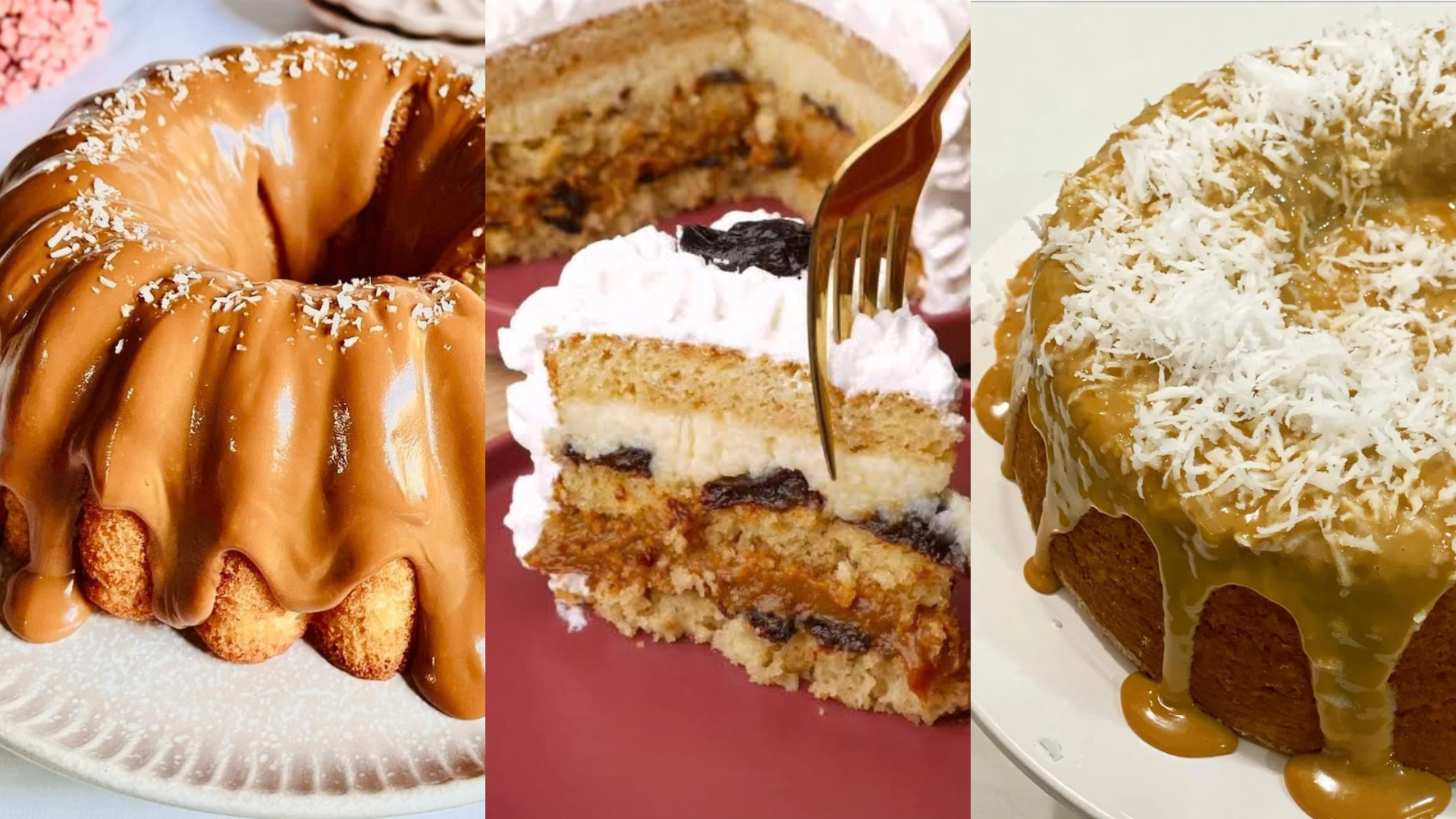 Três imagens de bolos deliciosos: à esquerda, um bolo de fubá com cobertura de doce de leite e coco ralado; ao centro, uma fatia de bolo recheado com creme branco, doce de leite e ameixas, sendo cortada por um garfo dourado; à direita, um bolo redondo com cobertura de doce de leite e coco ralado escorrendo pelas laterais