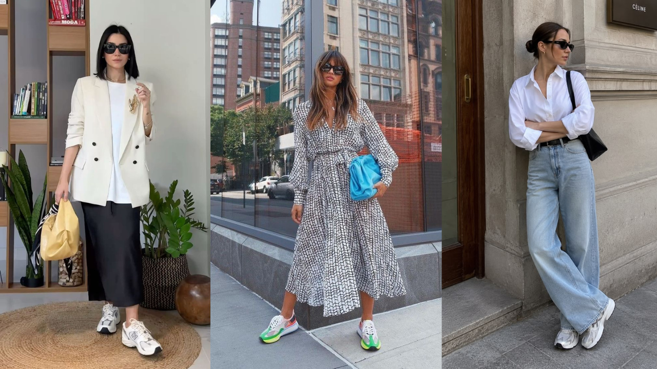 Três mulheres posando com looks casuais e tênis. A primeira veste blazer creme, camiseta branca, saia preta e tênis branco. A segunda usa vestido estampado preto e branco, óculos escuros e tênis coloridos. A terceira veste camisa branca, calça jeans larga, bolsa preta e tênis cinza