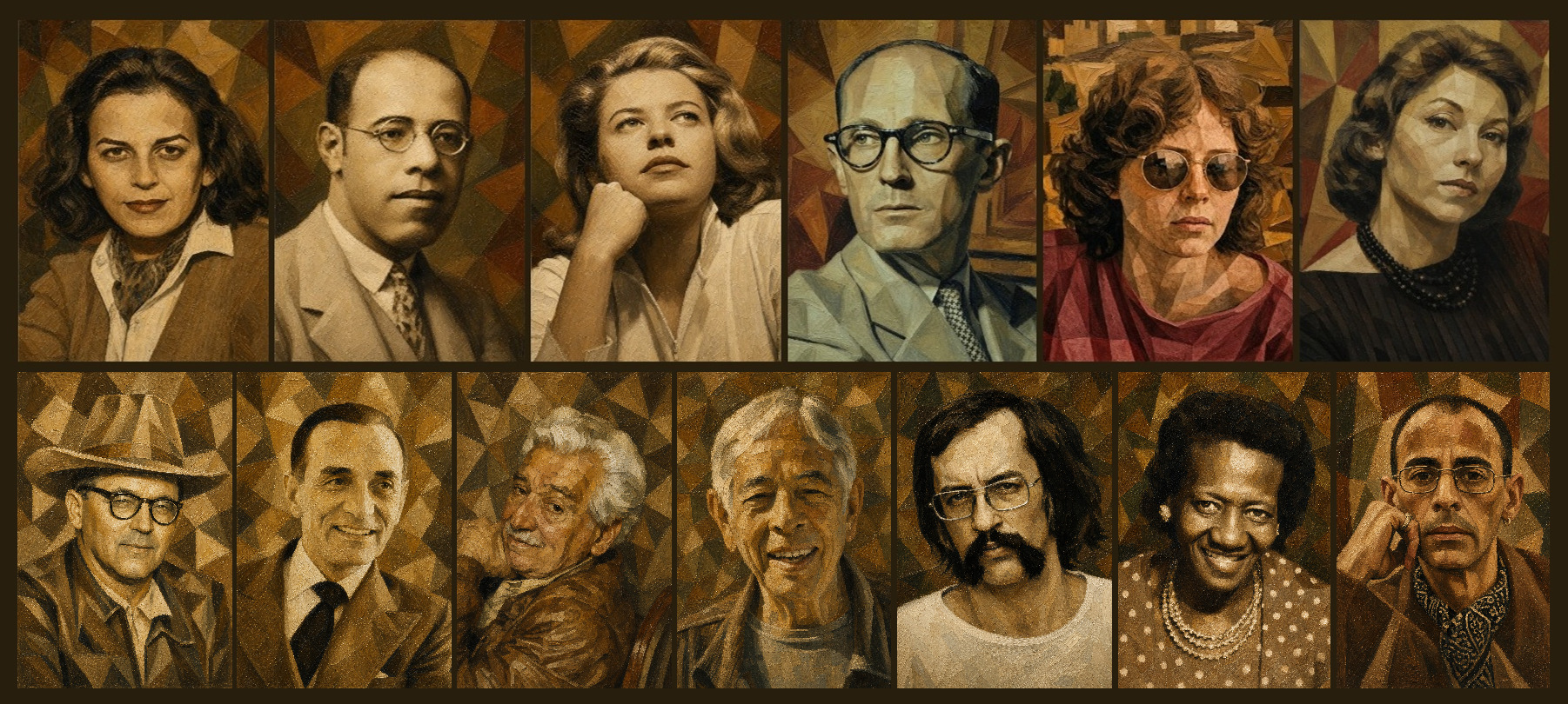 Doze retratos de pessoas em estilo cubista, dispostos em duas fileiras de seis. Na primeira fila, da esquerda para a direita: uma mulher de cabelos escuros e casaco marrom; um homem de óculos e terno claro; uma mulher loira com a mão no queixo, olhando para cima; um homem de óculos e terno, olhando para a esquerda; uma mulher de óculos escuros e blusa vermelha; uma mulher de colar preto e blusa escura. Na segunda fila, da esquerda para a direita: um homem de chapéu e óculos; um homem sorrindo de terno e gravata; um homem idoso sorrindo com casaco de couro; um homem asiático idoso sorrindo; um homem de óculos e bigode; uma mulher negra sorrindo com colar de pérolas; um homem de óculos e lenço no pescoço, com a mão no queixo