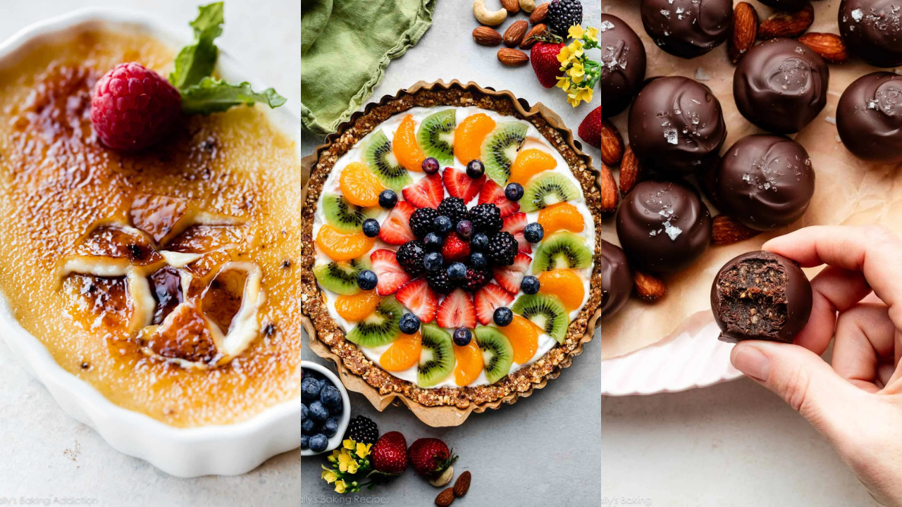 Três sobremesas: um crème brûlée com framboesa e hortelã, uma torta de frutas com kiwi, tangerina, morango e mirtilo, e trufas de chocolate com sal marinho, uma delas mordida e segurada por uma mão