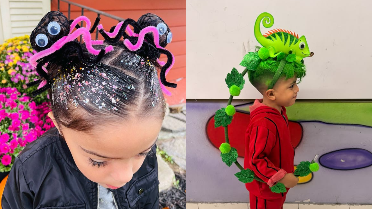 Duas crianças com penteados criativos: à esquerda, uma menina com coques de aranha preta e rosa, cabelo com glitter; à direita, um menino com cabelo verde e um camaleão de brinquedo na cabeça, vestindo vermelho