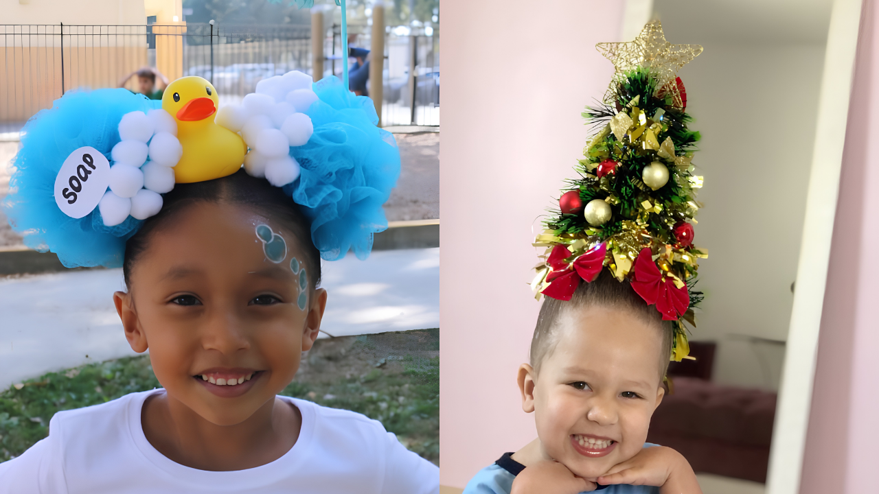 Duas crianças sorridentes com penteados criativos: à esquerda, uma menina com tiara de pato de borracha e espuma, e pintura facial de bolhas; à direita, um menino com cabelo estilizado como árvore de Natal decorada