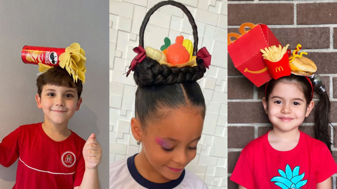 Três crianças sorridentes exibem penteados criativos: um menino com um chapéu de batatas Pringles, uma menina com um coque em forma de cesta de frutas e outra com um arco de cabelo com itens do McDonalds