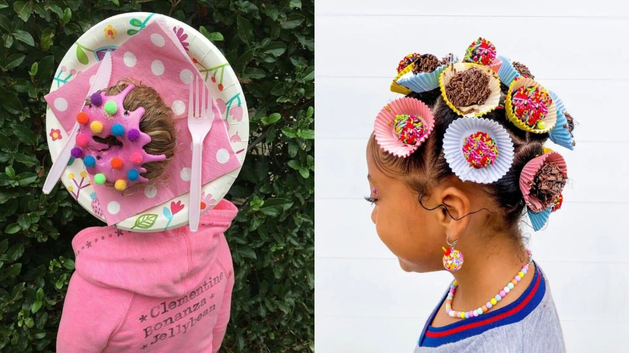 Duas crianças com penteados criativos: à esquerda, uma criança de costas com um coque decorado como donut rosa em um prato de papel; à direita, uma criança de perfil com o cabelo adornado com forminhas de brigadeiro coloridas e granulados