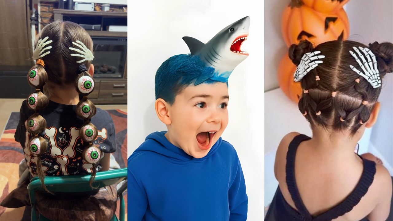 Três crianças com penteados criativos de Halloween: uma menina com tranças decoradas com olhos e mãos de esqueleto, um menino com cabelo azul e um tubarão de brinquedo na cabeça, e outra menina com coques e presilhas de esqueleto