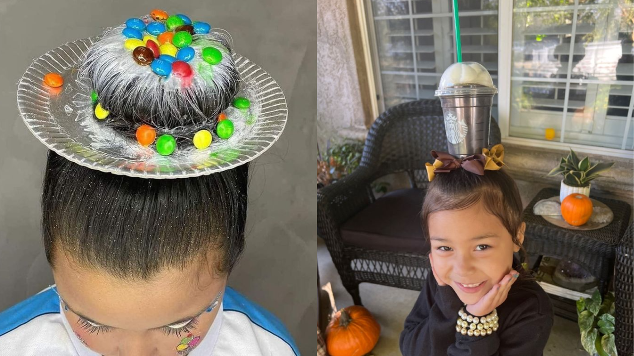 Duas crianças com penteados criativos: à esquerda, uma criança com cabelo preso em coque, simulando um bolo com cobertura branca e confeitos coloridos em um prato de papel. À direita, uma menina sorridente com um copo de café Starbucks equilibrado na cabeça, usando laços marrons e amarelos no cabelo e pulseiras de pérolas no pulso, sentada em uma varanda com abóboras e plantas decorativas