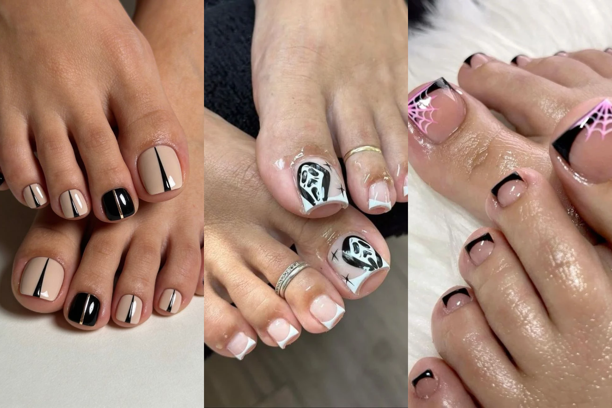 Três pés com pedicures diferentes: o primeiro com esmalte nude e linhas pretas, o segundo com fantasmas brancos e pretos, e o terceiro com teias de aranha rosa e pretas