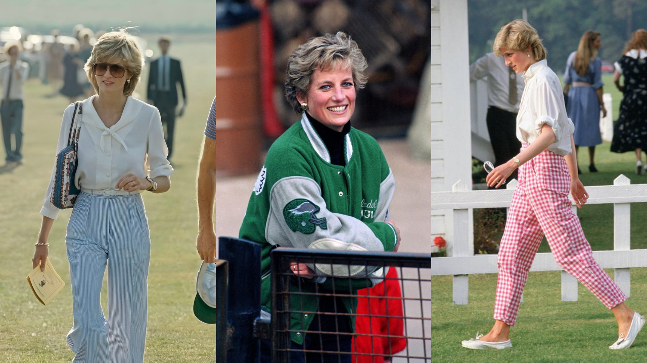 Colagem de três fotos da Princesa Diana em diferentes momentos. Na primeira, ela caminha sorrindo, usando óculos escuros, blusa branca e calça listrada azul e branca. Na segunda, sorri para a câmera, vestindo uma jaqueta verde e cinza de time. Na terceira, caminha de perfil, com blusa branca e calça xadrez rosa e branca.