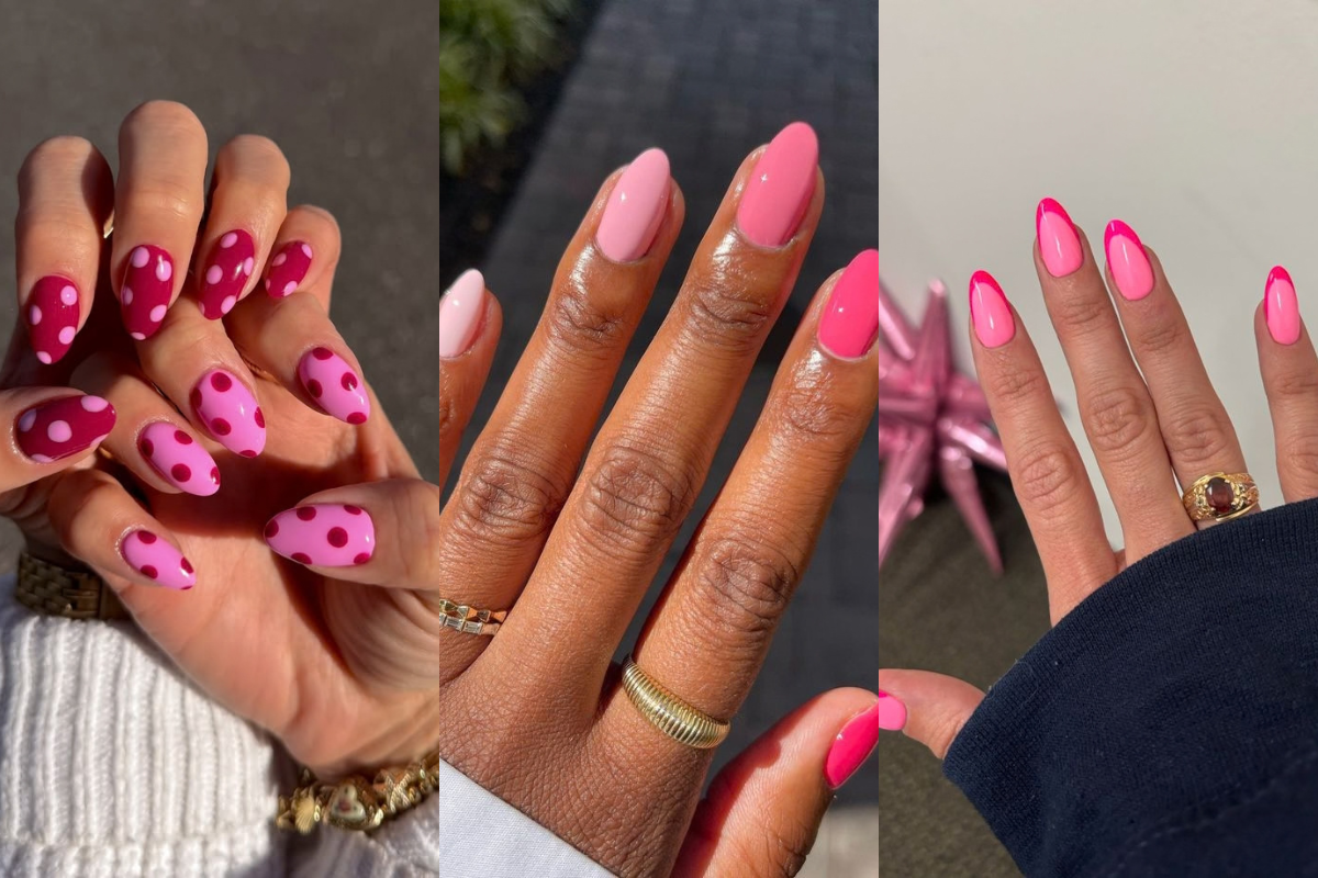 Três mãos com unhas pintadas em tons de rosa. À esquerda, unhas amendoadas com bolinhas rosa-claro e pink. No centro, unhas amendoadas em rosa-claro e pink liso. À direita, unhas amendoadas com base rosa-claro e ponta pink, com um anel dourado e pedra vermelha no anelar