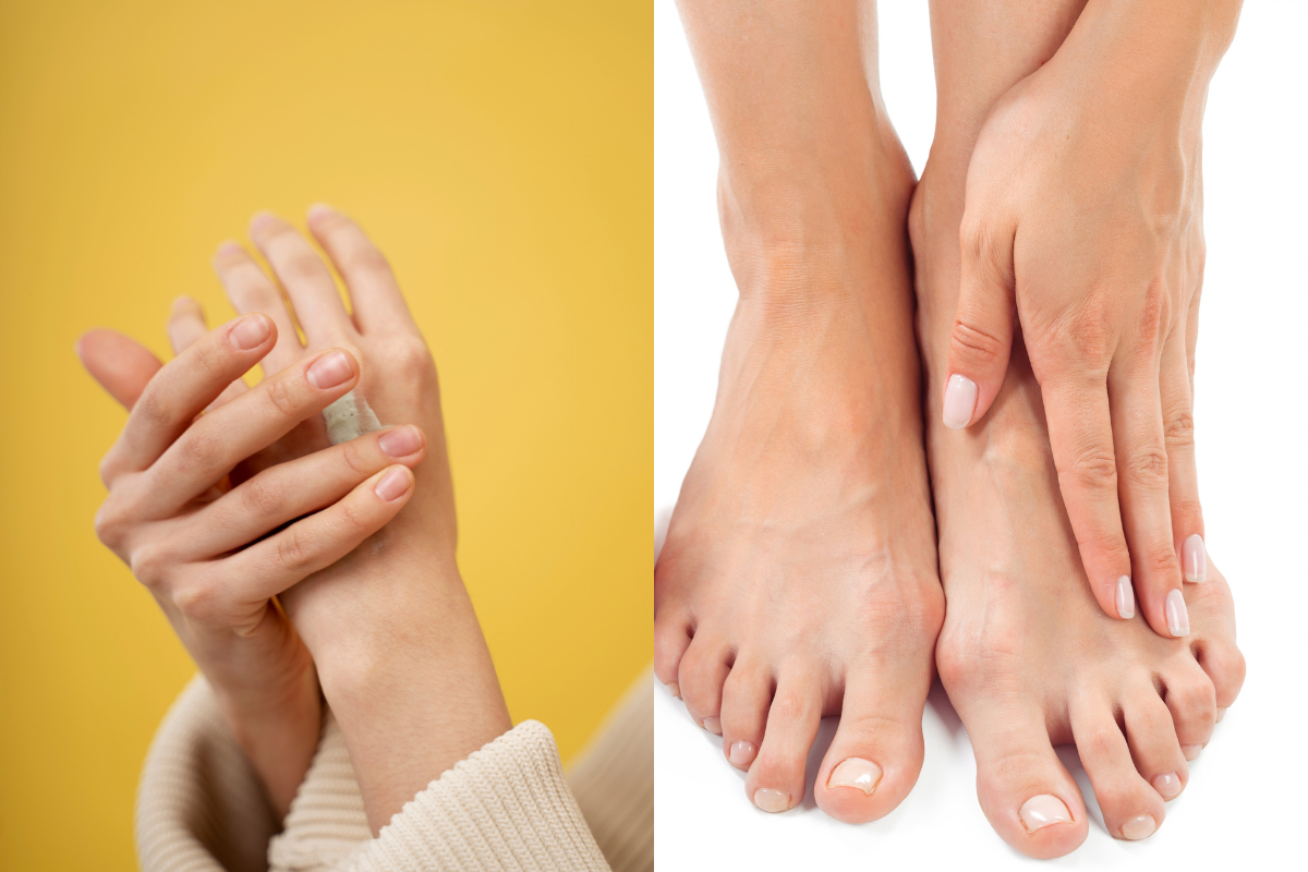 À esquerda, mãos femininas com unhas naturais aplicando creme hidratante sobre fundo amarelo. À direita, pés femininos com unhas pintadas de rosa claro e uma mão tocando o tornozelo, sobre fundo branco