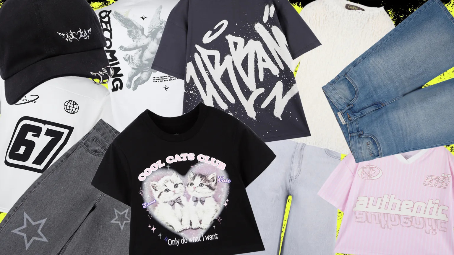 Variedade de roupas juvenis, incluindo boné preto com chamas, camisetas com estampas de anjo, gatos e grafite, e calças jeans claras e escuras com estrelas, sobre fundo amarelo e preto