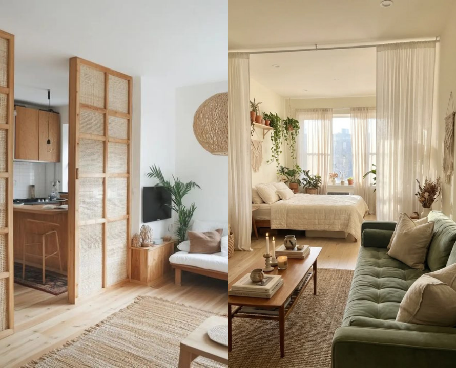 Duas imagens lado a lado de apartamentos pequenos com decoração clara e natural. À esquerda, uma cozinha com balcão de madeira e banquetas, separada da sala por divisórias de madeira e palha. À direita, um quarto com cama de casal e plantas, separado da sala com sofá verde e mesa de centro por cortinas brancas