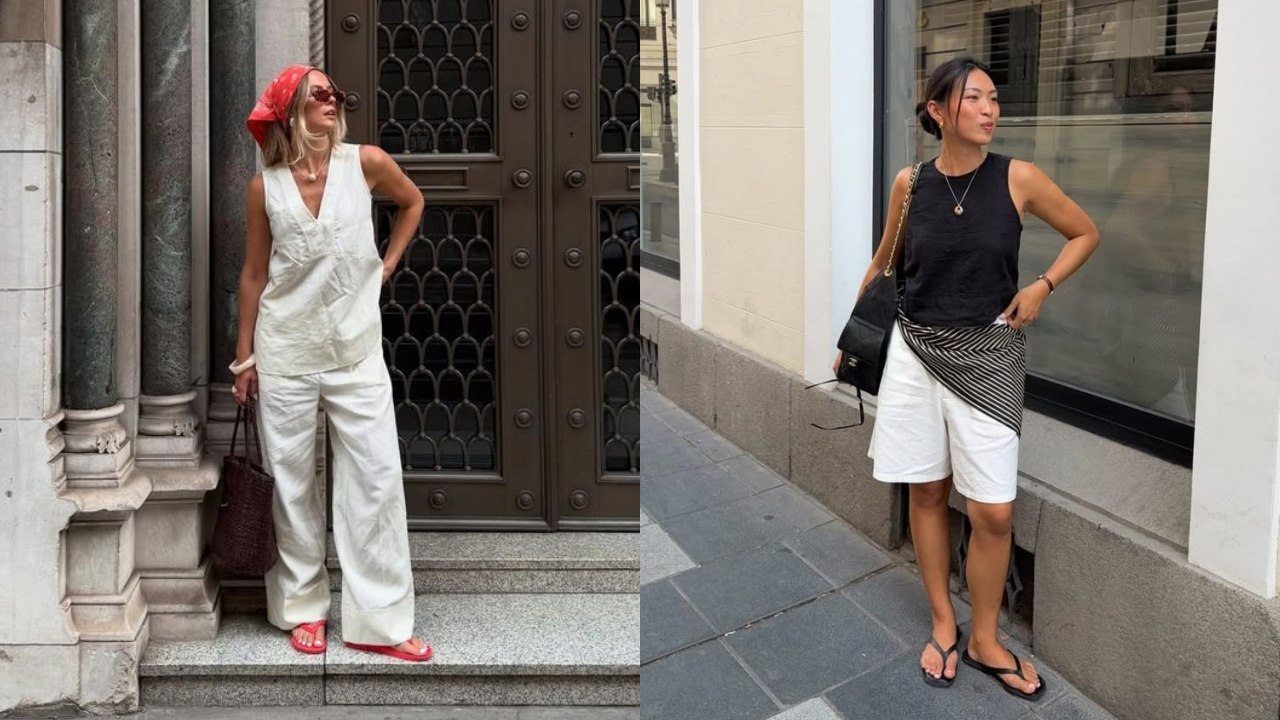 Duas mulheres posam em ambientes urbanos. À esquerda, uma mulher loira de bandana vermelha, óculos escuros, blusa e calça brancas, chinelos vermelhos e bolsa marrom, em frente a uma porta ornamentada. À direita, uma mulher asiática de coque, blusa preta, shorts branco, canga listrada preta e branca, chinelos pretos e bolsa preta, em frente a uma vitrine
