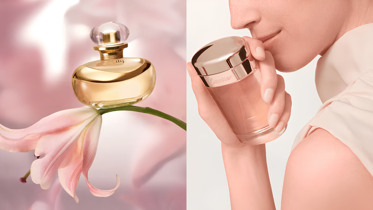 Frasco de perfume dourado sobre uma flor de lírio rosa e uma mulher cheirando um frasco de perfume Cartier rosa