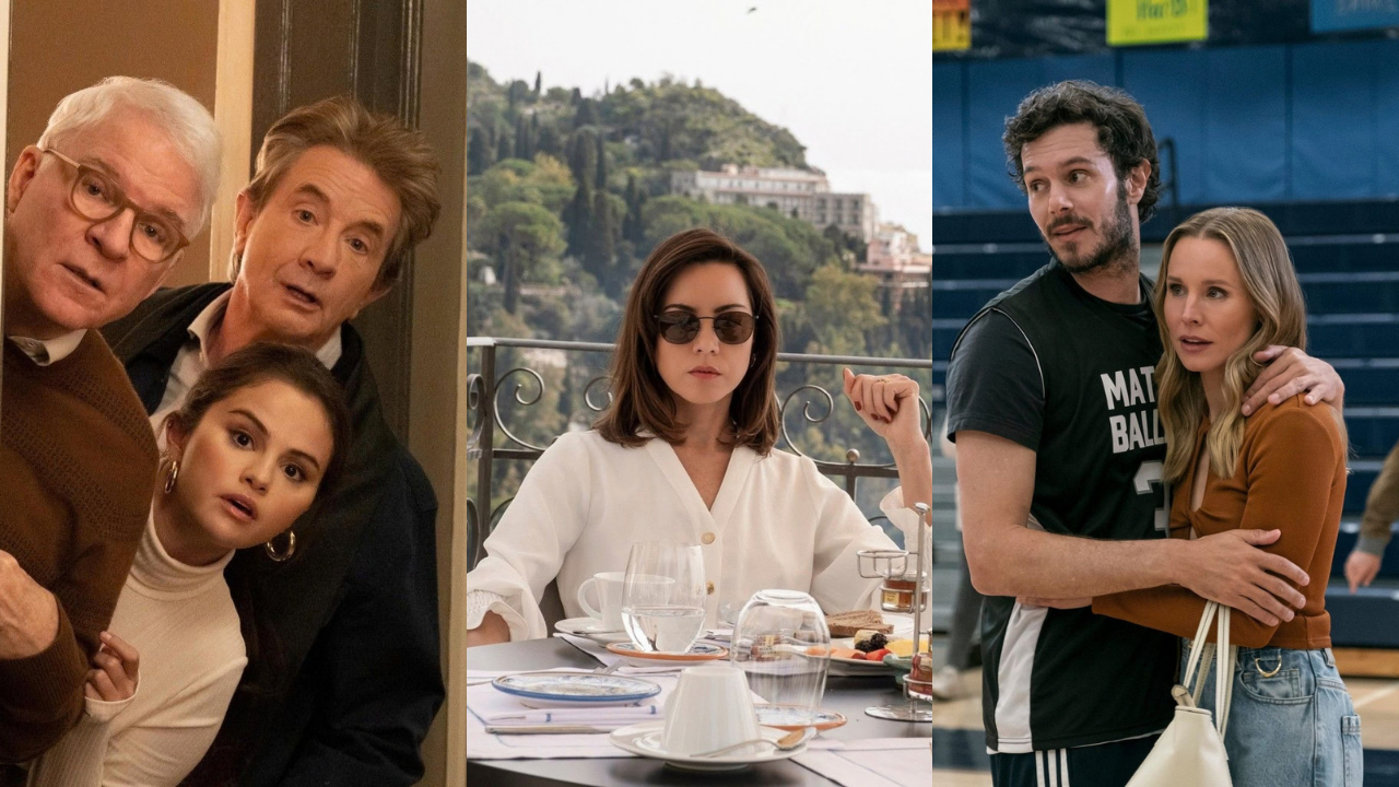 Três colagens de cenas de séries: à esquerda, Steve Martin, Martin Short e Selena Gomez espiam com expressões surpresas; ao centro, Aubrey Plaza de óculos escuros sentada à mesa em uma varanda com vista para montanhas; à direita, Adam Brody abraça Kristen Bell em uma quadra de basquete